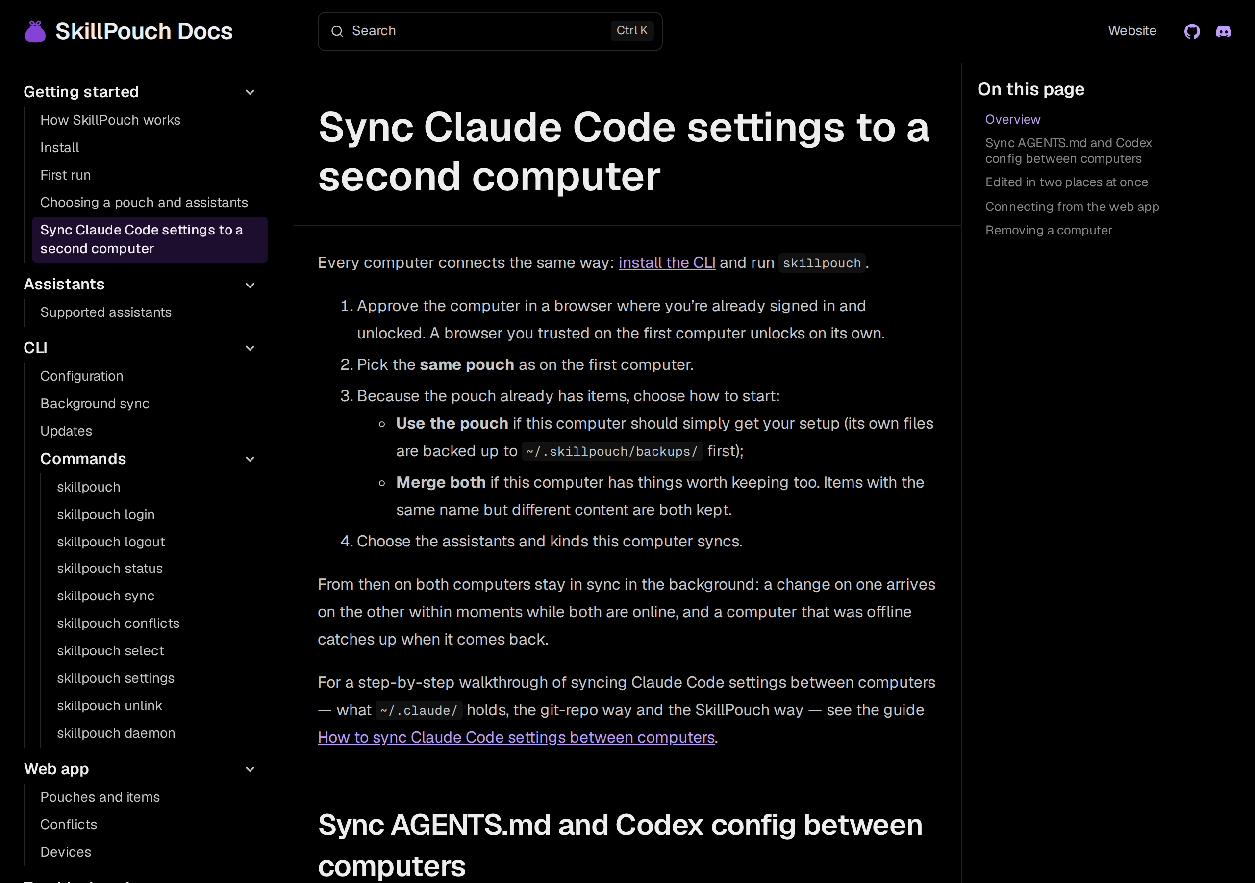 SkillPouch docs page Sync Claude Code settings to a second computer, listing four steps: approve the computer, pick the same pouch, choose Use the pouch or Merge both, choose what syncs