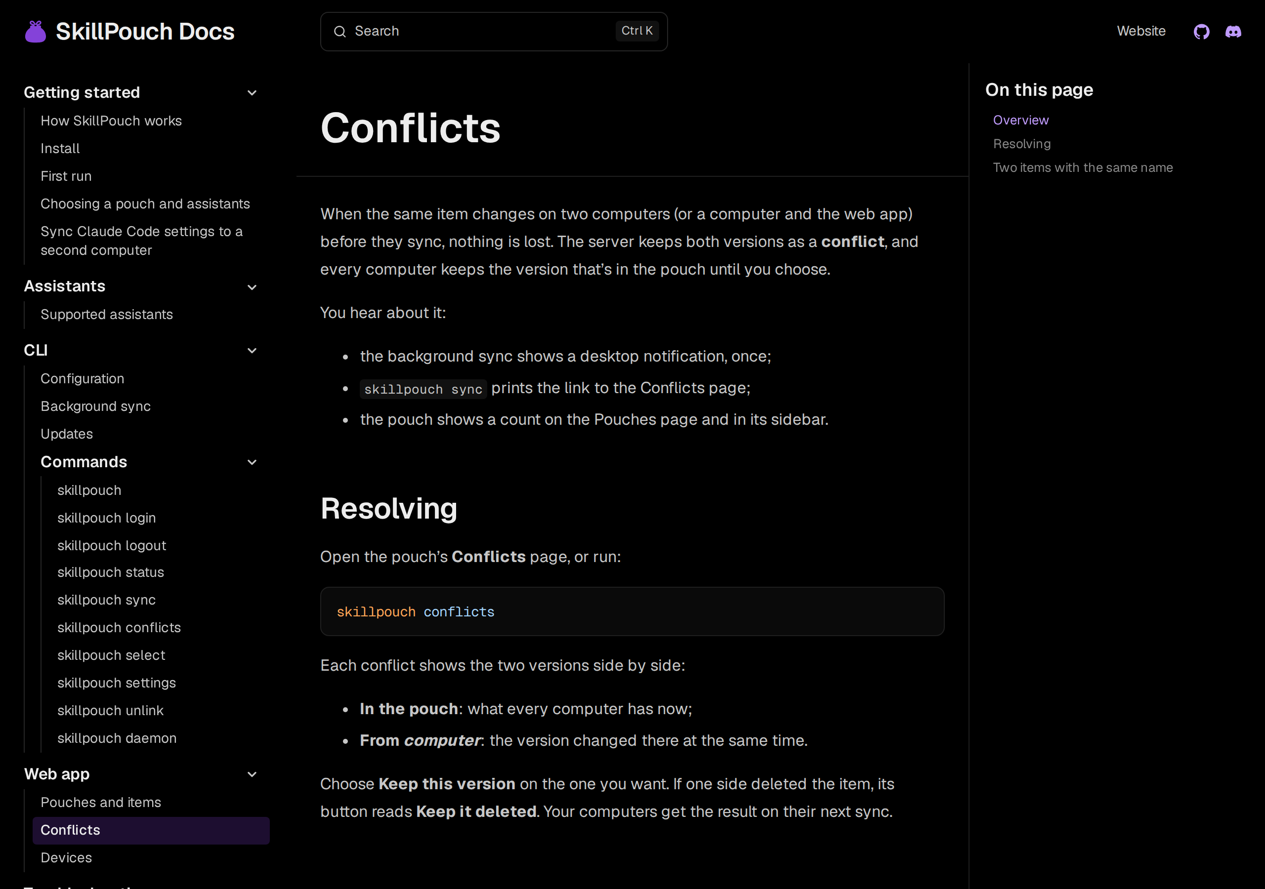 SkillPouch docs Conflicts page: when the same item changes on two computers the server keeps both versions as a conflict, and each conflict shows In the pouch and From computer side by side with a Keep this version button