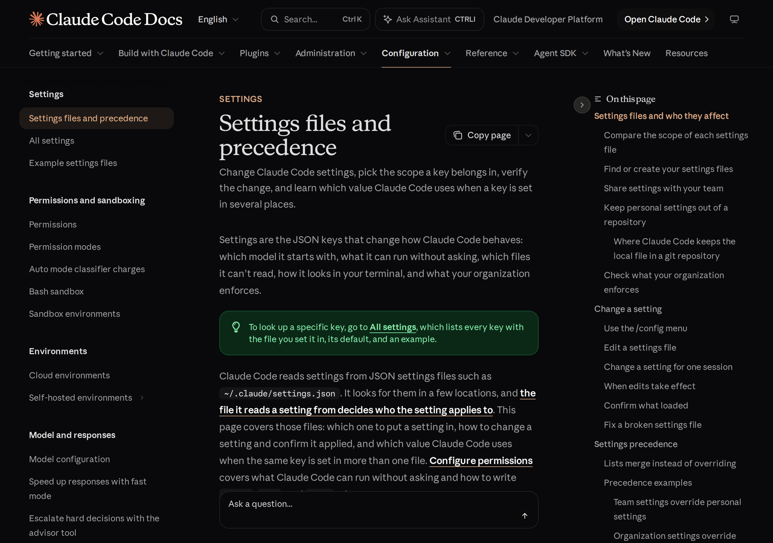 Claude Code documentation page 'Settings files and precedence', explaining that Claude Code reads settings from ~/.claude/settings.json
