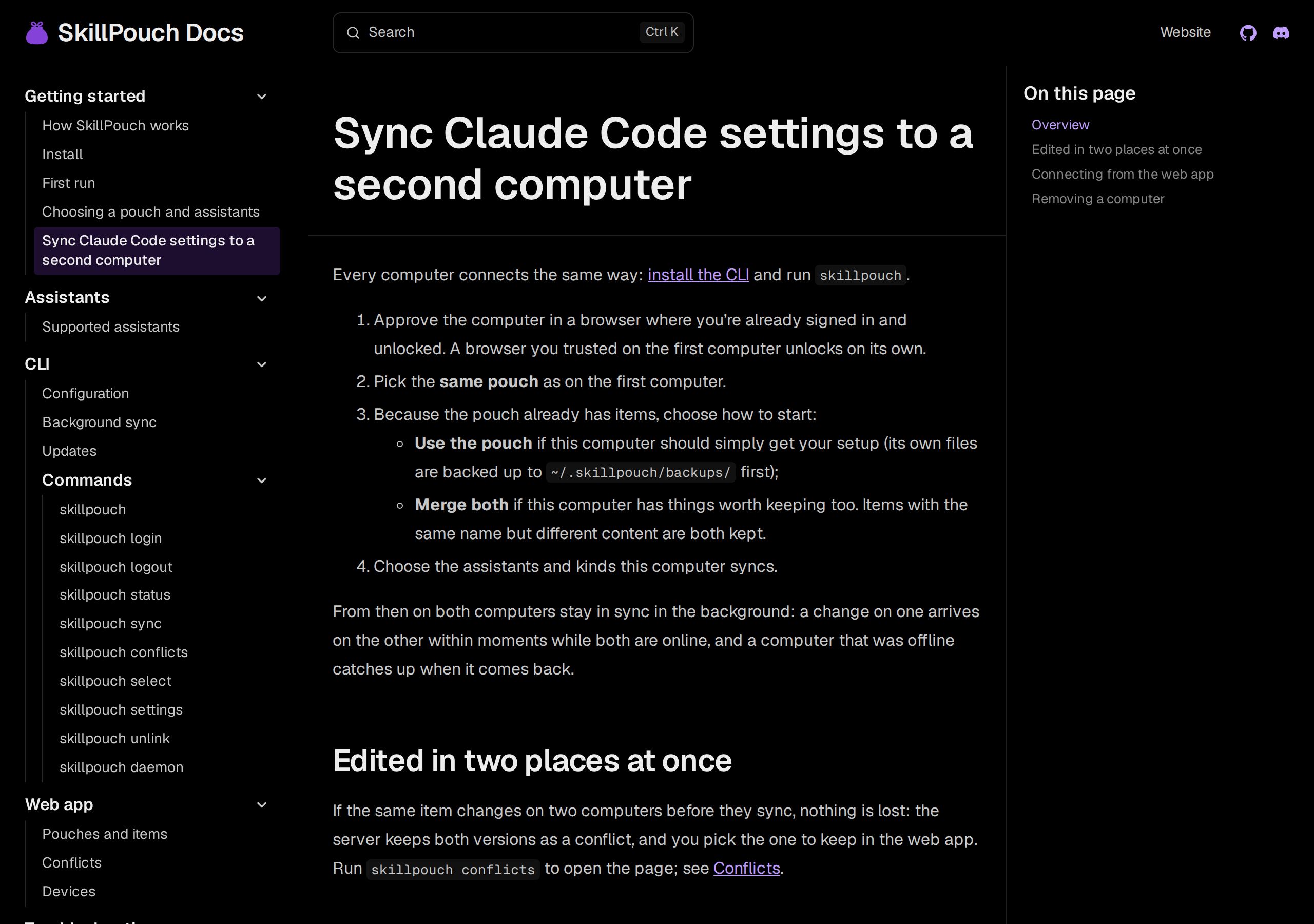 SkillPouch docs page 'Sync Claude Code settings to a second computer' with four numbered setup steps and the choice between Use the pouch and Merge both